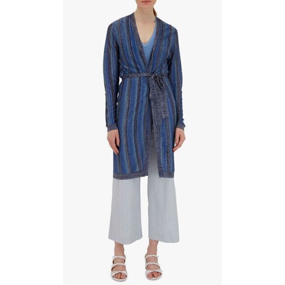 NWT L'Agence Knit Striped Tie Waist Berkeley Wrap Cardigan Blue Metallic Size XS - Picture 3 of 12